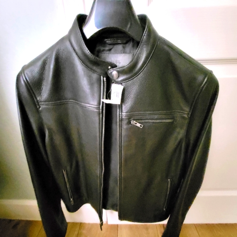 Black Coach banded collar leather jacket